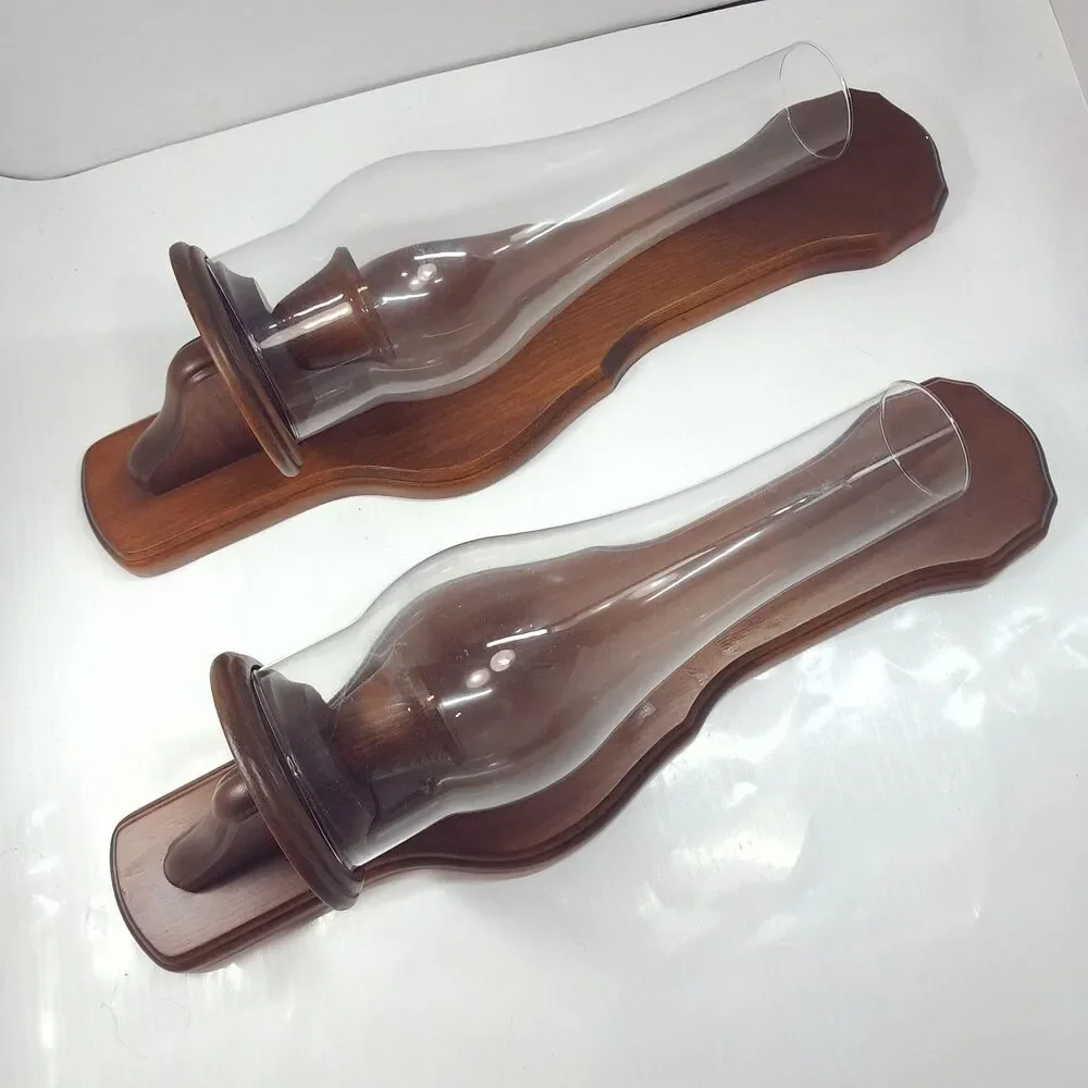 Vintage Three Mountaineers wood wall Sconces set Candle Holders glass hurricane